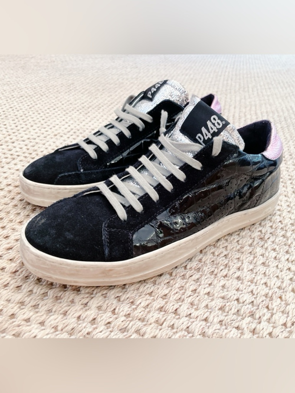 P448 Women’s Size EUR 39 8 Black John Patent Leather Gillter Lace Up Sneakers